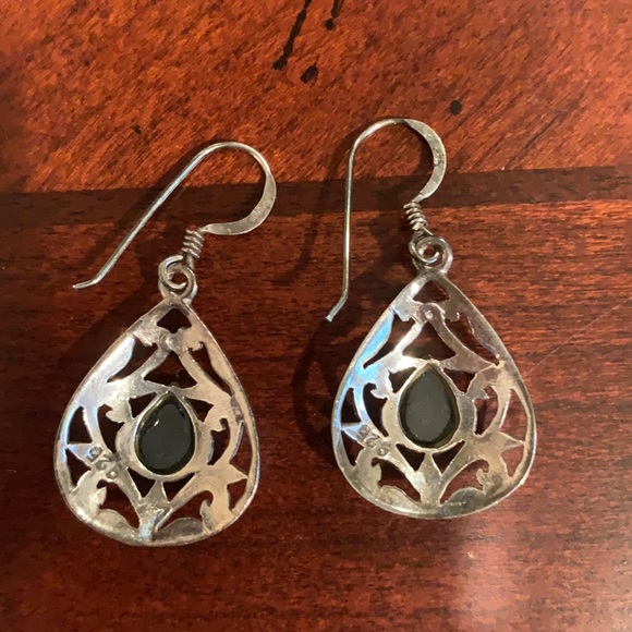 Filigree Teardrop Sterling Silver Onyx Earrings - Picture 6 of 6